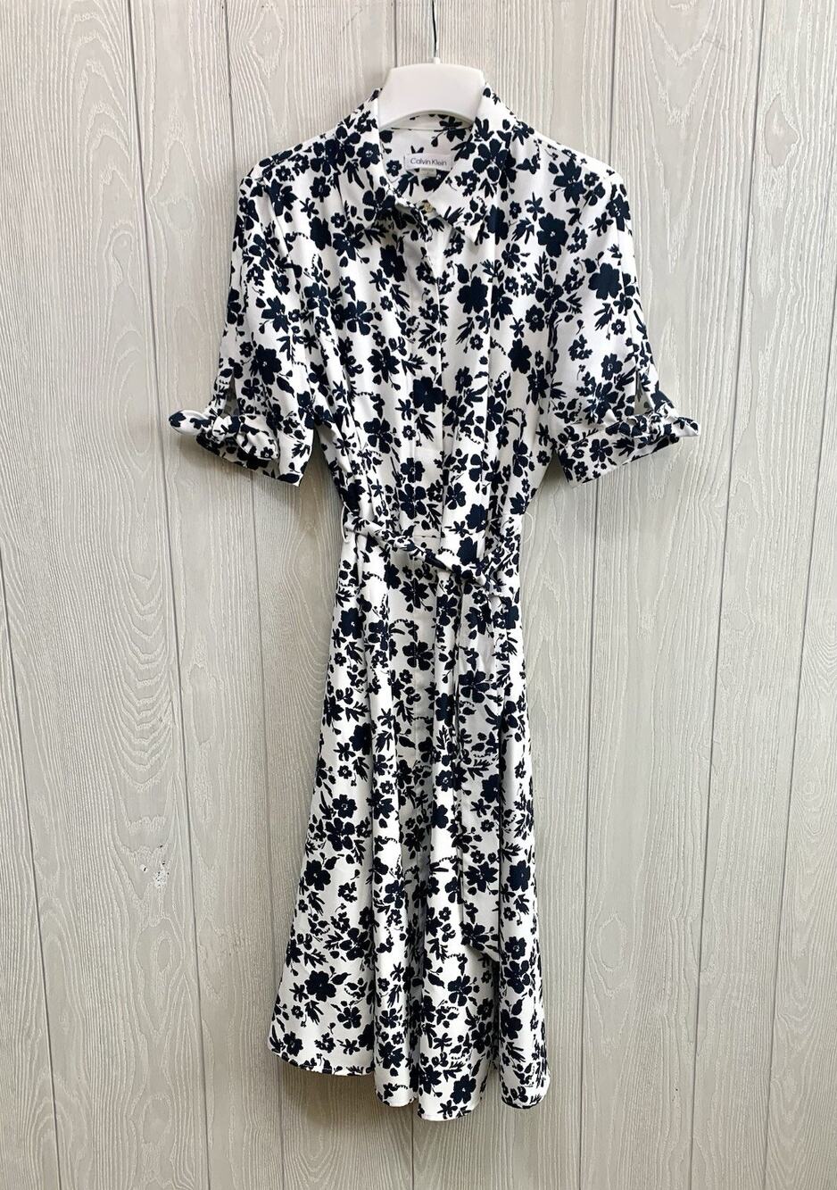 Calvin Klein Black White Floral Shirt Dress Short Sleeve Size 6 NWOT